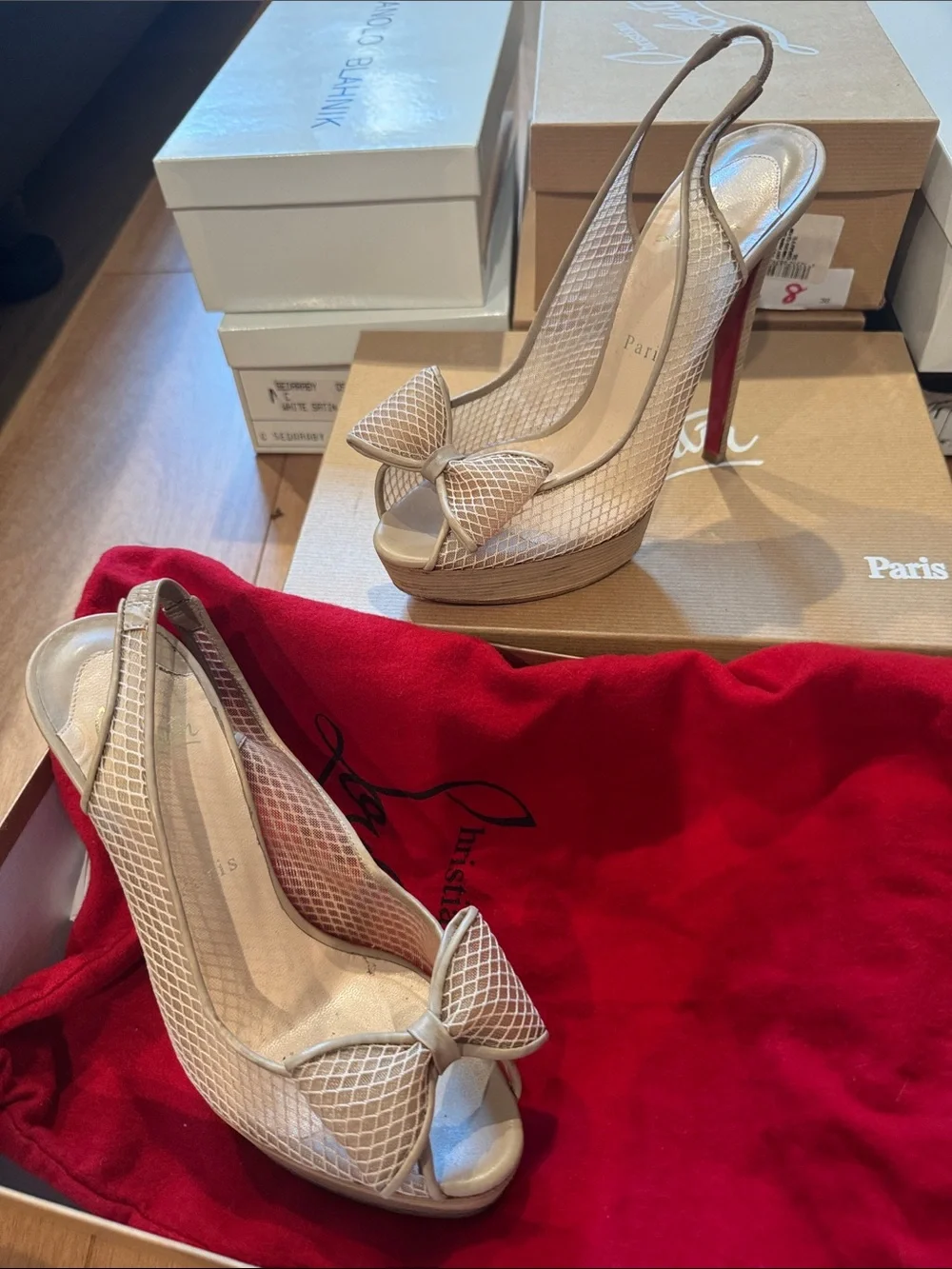Christian Louboutin Beige Mesh Bow Slingback Peep-Toe Heels